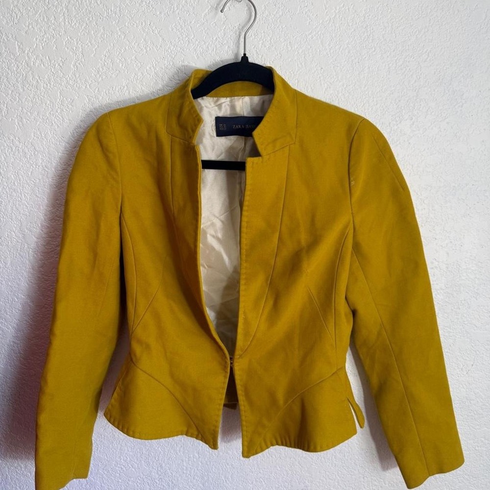 Zara Basic Mustard Yellow Cotton Fitted Peplum Blazer Jacket XS